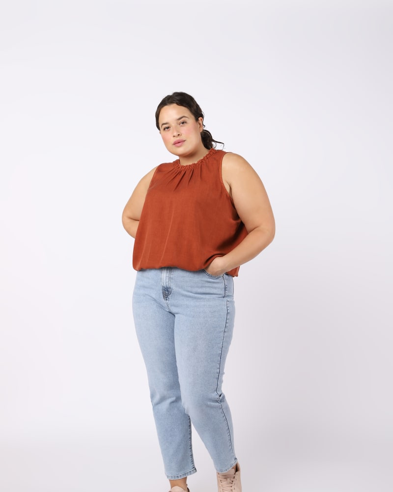 Plus size model wearing Carlotta Tencel Shirred Neck Cami by DEX PLUS | Dia&Co | dia_product_style_image_id:206174
